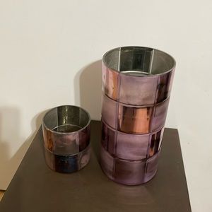 Set of 2 glass Hurricanes in mauve pink and brass colours NWT.